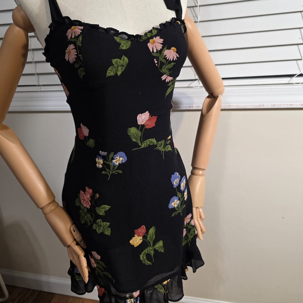 Reformation, 0, Black Chiffon Above The Knee Summer Dress Floral Accents.